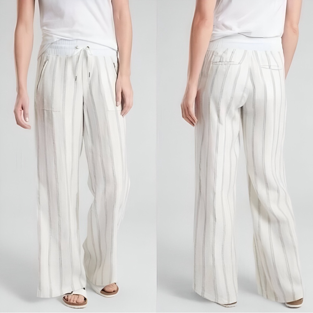 Athleta Cabo Tide Linen Wide Leg Pant in Ivory/Grey Milan Stripe Size 6